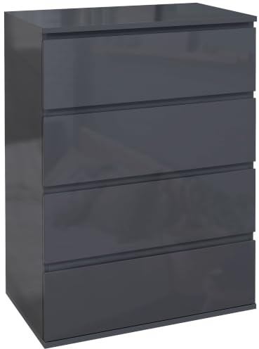 HOMCOM Hochglanz Kommode 4 Schubladen Kommode Moderne Aufbewahrung Schubladeneinheit mit Absenkautomatik für Schlafzimmer Grau