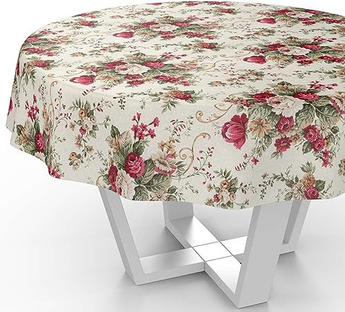 Tischdecke aus Stoff Textil abwaschbar Tischwäsche Tischtuch Baumwolle Polyester Roses Rund 120cm In-/Outdoor Tischdecke