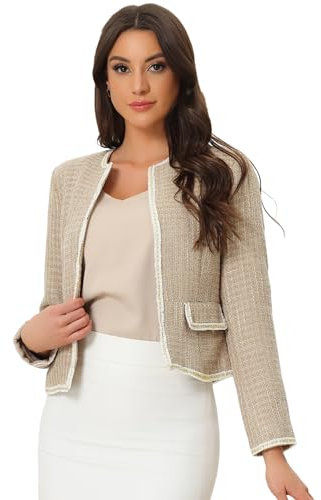 Allegra K Damen-Blazer, Weihnachten, kariert, Tweed, lange Ärmel, vorne offen, Arbeit, Büro, kurze Jacke, Khaki, L