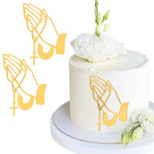 2 Stück Gold Kreuz Tortendeko Kommunion Acryl Gefaltete Hände Cake Topper Kommunion Tortenaufleger Deko Torte Kommunion Spiegel Kuchen Deko Für Taufe Hochzeit Geburtstag Babyparty Kommunion(13x16.5cm)