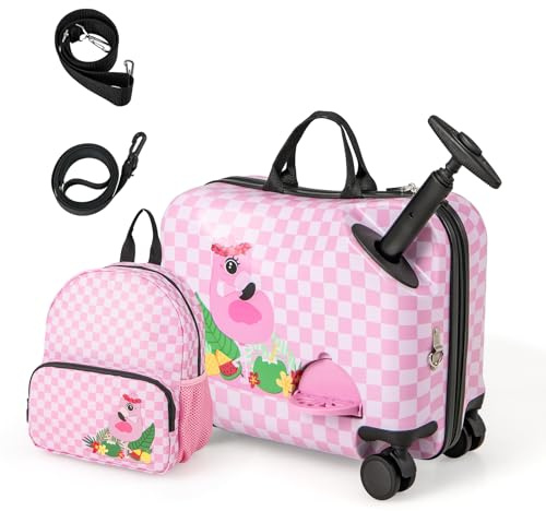 DREAMADE Valise Enfant à roulettes 18 et Sac à Dos 12 avec Repose-Pieds&Coque Rigide,Bagage à Main Enfant 3+Ans avec Bandoulière Réglable pour Fille et Garçon，Charge 50KG+8KG (Damier Rose+Flamant)