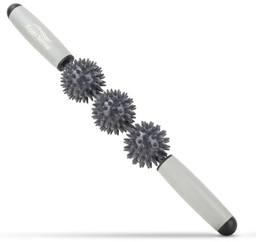Igelball Massageroller mit Griff, 40cm Massageroller mit 3 Bällen, Massage Körper Roller Stick, Faszienrolle Stab Igelballrollen mit Handgriffe für Beine Nacken Rücken Schulter (Grau)