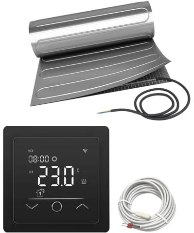 Elektrische Fußbodenheizung HoWaTech ALU für Laminat Parkett Vinyl Komplett Set TWIN Heizmatte 150 W/m² inkl. Touch Thermostat schwarz, Heizfläche:4.00m²