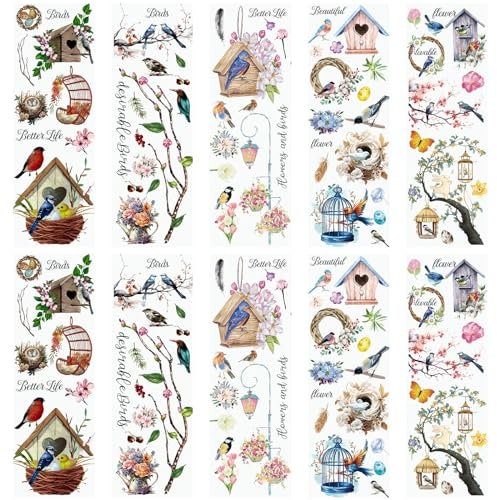 WANDIC 10 Blatt Transfer-Aufkleber, Vintage-Blumen-Aufkleber, Retro-Vogelkäfig-Blumen-Aufkleber für Bastelarbeiten, Scrapbooking, Fotoalben, Möbel, 30 x 9,9 cm