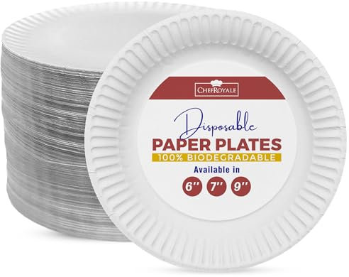 CHEF ROYALE 6-inch, (Pack of 25) Disposable Paper Plates for Parties Heavy Duty White Plates for Hot & Cold Foods - Eco-Friendly & Biodegradable Paper Plates (25, 6)