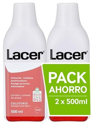 LACER - Colutorio Pack de 2 x 500 ml, Enjuague Bucal, Uso Diario, sin Alcohol, Boca Sana y Protegida, Previene la Caries y la Placa Dental, Limpia en Profundidad