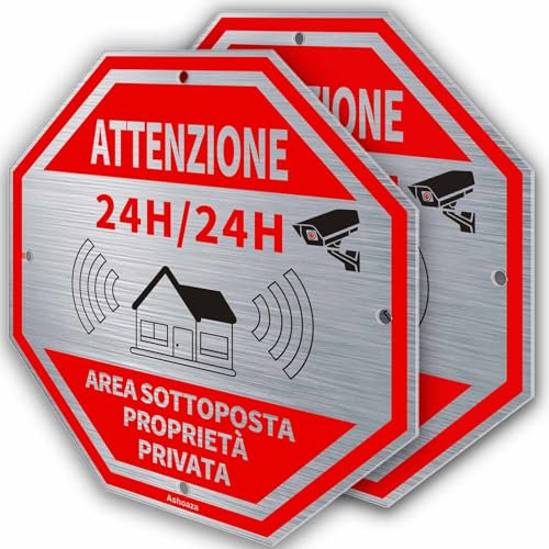 Cartello area videosorvegliata 24H per ragioni di sicurezza 20cm x 20cm in Alluminio - 2 Pz CCTV Cartello Videosorveglianza- Ashoaza Cartelli videosorveglianza per negozio e proprietà privata