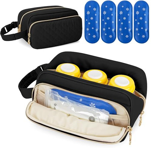 Damero Bolsa Enfriadora de Leche Materna con 4 Bolsas de Hielo, Bolsa Enfriadora de Biberones de Leche Materna, Bolsa Enfriadora de Biberones de Viaje para Madres Lactantes, Negro