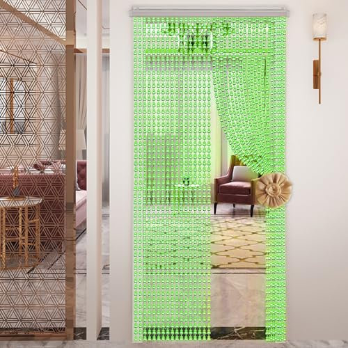 OUGPIU Tenda con perline, 90 x 200 cm, 45 fili, in stile retrò, con guida scorrevole in alluminio, fatta a mano, per porta, per camera da letto, balcone, terrazza, zanzariera (verde)