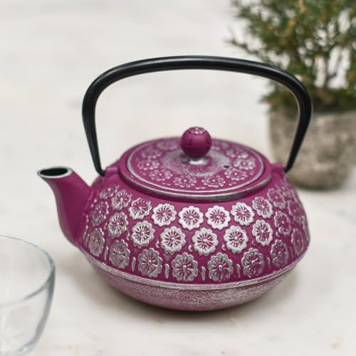 Black Country Metal Works Traditional Japanese 'Sakurasou' Purple and Silver Cast Iron Teapot - 1L