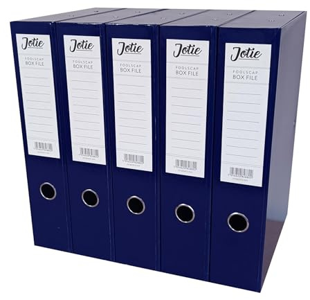 Box File with Lockspring, Ring Pull & Catch - Glossy Finish, 75mm Spine - Ideal Document Organiser for Office, School, Paperwork Storage - Foolscap Box Files Pack of 5 (Navy Blue)