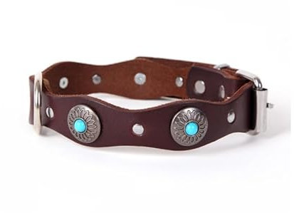 Hrlace Lederhalsband Hund Haustier Halsband Handgefertigt Verstellbarer Hundehalsband mit Metall-Klickverschluss Vintage Art-gewellte Seite mit Türkis für Große und Mittelgroße Hunderassen Grün M