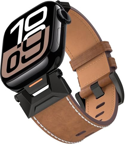 ALFARAY Bracelet Cuir Compatible avec Bracelet Apple Watch Ultra 1 2 49mm, Bracelet avec Connexion en Acier Inoxydable Mobile pour iWatch 10 46mm 9 8 7 45mm SE 6 5 4 44mm 3 2 1 42mm, Noir/Brun