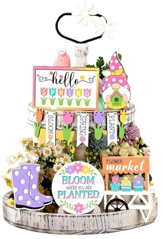 Tiered Tray Decor | Spring Wood Sign Decor,Gnome Wood Sign Tiered Tray Decor, Spring Table Tray Decor for Desktop, Shelf, Cabinet