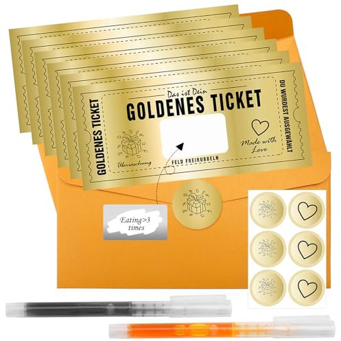 ZMDMAH 6 Stk Goldenes Ticket,Rubbelaufkleber Karten und aufkleber Gutscheine Zum Selber AusfüLlen Rubbellose Selber Machen Gutschein Zum Selber AusfüLlen Geschenke für Freundin Geburtstagsgeschenk