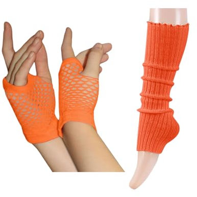Kielsjajd Karneval Kostüm Damen Elastische Neon Beinstulpen und Netzhandschuhe Set 2 Stück 80er Jahre Kostüm Zubehör Damen Orange Beinwärmer Leg Warmers für Karneval, Party