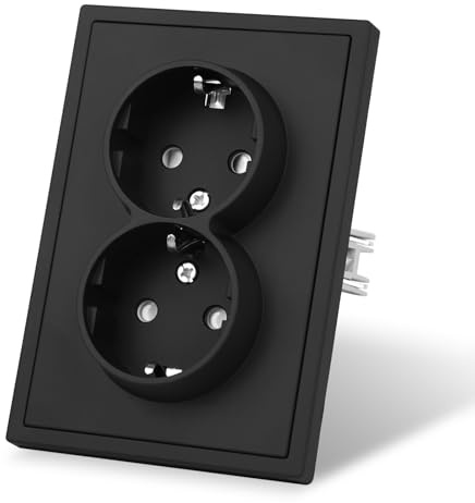 CNBINGO Enchufe doble mate con garras, 80 mm x 118 mm, color negro | Enchufe Schuko doble, enchufe de pared con seguridad para niños, vertical u horizontal, paneles de plástico con tacto de piel