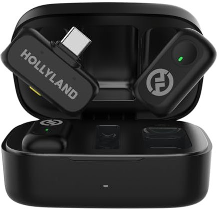 Hollyland LARK A1 Duo - Mini microfono wireless per iPhone 15/16 e Android (2 TX + RX USB-C + custodia di ricarica), microfono magnetico per YouTube, TikTok, podcast, interviste (Nero)