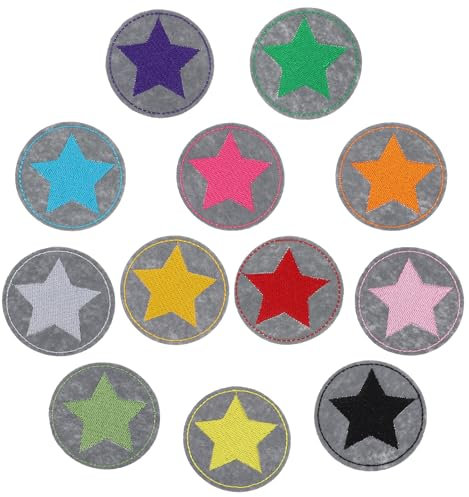 TIESOME 12 Stück Aufbügelflicken kinder, DIY Aufnäher Zum Aufbügeln, Selbstklebende Aufbügler Flicken Bügelflicken Stern Aufbügler Bügelbild klein rund set Für Kleidung Jeans Jacken Bastelarbeiten