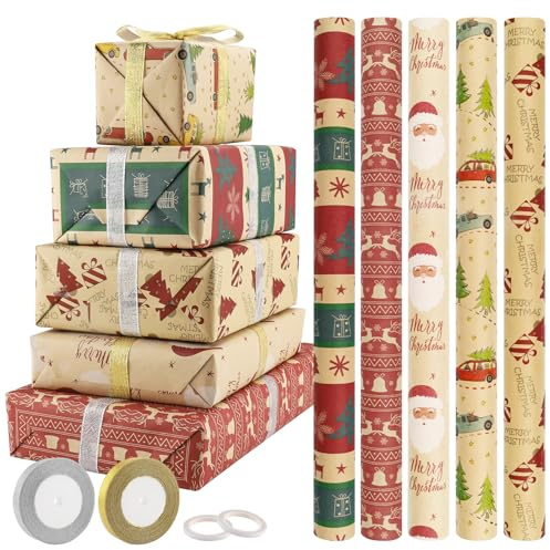 Foydream 5 Rouleaux Papier d'emballage de Noël, Papier Cadeau 43 cm x 300 cm pour Toutes Les Fêtes d'Anniversaire et Noël