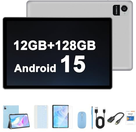 Crelander 10,1 Zoll Android 15 Tablet, 12GB+128GB Android Tablet, 5000mAh Akku, 1280x800 Touchscreen, Bluetooth/WiFi, Bundle mit Hülle, Tastatur, Maus & Stylus (Blau)