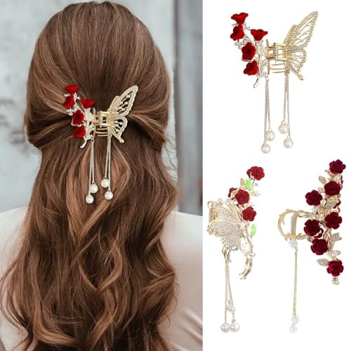 XFSRG Pince Cheveux Femme 3 Pièces Pince à Cheveux Papillons 3D Roses avec Perles Strass et Tassel Accessoires Élégants pour Mariage et Fête