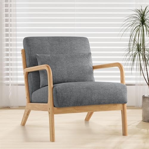XH.Easy Go Accent Sessel mit Kissen,Moderner Polstersessel für Wohnzimmer,Lounge-Stuhl mit Armlehnen&Holzrahmen,bequemer Lesesessel,Stoff Dunkelgrau