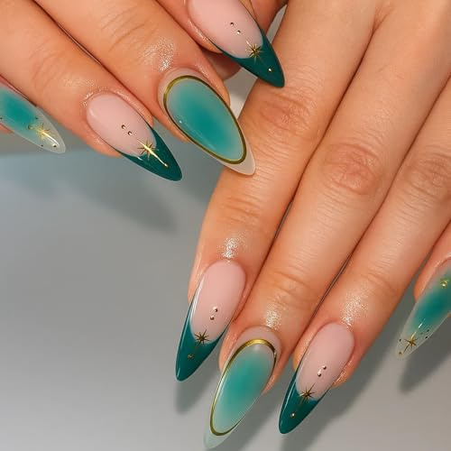 Press On False Nails, Long Almond Green French Tips, Gold Star Design | Mixed Designs, Nude Bases, Aqua-Green Gradients, Gold-Toned Details, For Daily Wear, Parties And Holidays