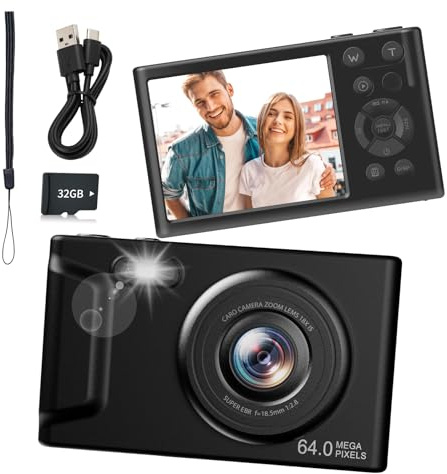 Digital Camera, FHD 4K Camera with 32GB Card, Lanyard, 16X Zoom Anti Shake, 64MP Compact Portable Small Point Shoot Camera Gift for Student Children Teen (White Grey)