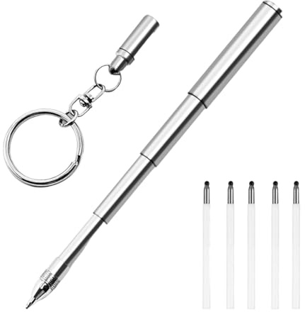 OPVYAEU Mini Schlüsselanhänger Stift mit 5 Ersatzminen, mini kugelschreiber, Edelstahl Teleskop Kugelschreiber Leichte Metall Einziehbare Füllfederhalter Hosentasche Schlüsselbund Kugelschreiber