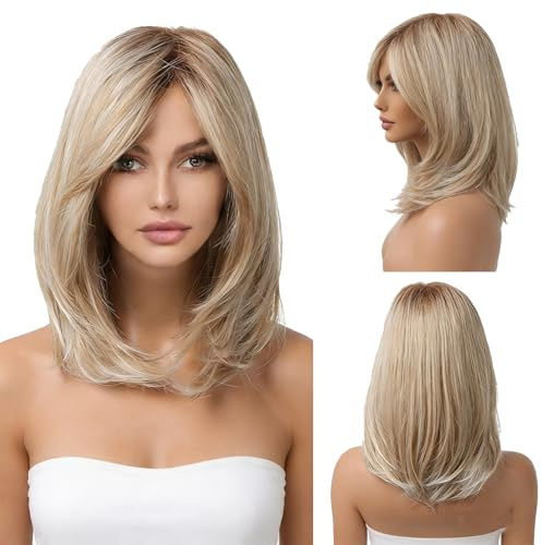 KOSLEOW Damen Perücke Blonde 40cm Mittellange mit Verstellbarer Haarnetz, Perücke Blond mit Mittelscheitel für Täglichen Gebrauch und Cosplay