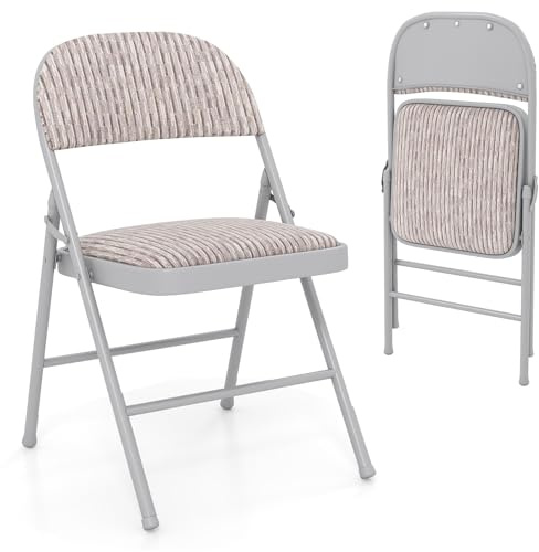 COSTWAY 1/2/4 Pack Padded Folding Chair, Easy Storage Conference Chair with Sponge Seat, Backrest & Foot Pads, Metal Frame Hall Guest Seating for Home Office (Beige, Linen Fabric, Mid Back, 1 Pcs)