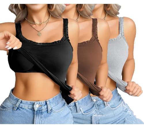 UHouse 3 Pack Tops für Damen Top mit Integriertem BH Trägertop mit Spitze Tank Top Sport Tanktop Rückenfrei Unterhemden Neckholder Sommer Gym Oberteil Yoga Sporttop Spaghetti Damentop Achselshirt