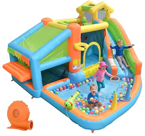 Château Gonflable Enfant 6-en-1, Parc Aquatique Extérieur avec Toboggan & Piscine, Structure Gonflable Multijeux 580W pour Jardin 3-10 Ans 135kg