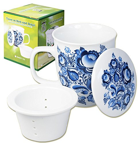 OLYMP Porzellanbecher mit Sieb und Deckel, 400 ml, Gzhel, Tasse mit Sieb