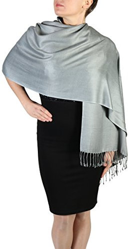 Pashmina Schal Tuch für Frauen - Quastenveredelung - Kostenloser Aufhänger (Über 20 Farben) Handgefertigt (Dunkelsilver/Grau)