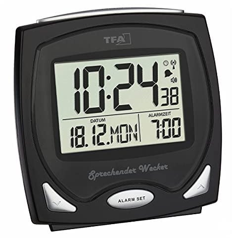 TFA Dostmann 60.2541 Speaking Radio Controlled Alarm Clock, black with batteries