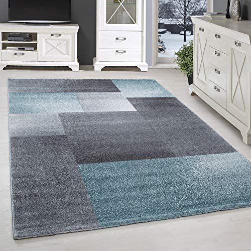 SIMPEX Kurzflor Teppich 120x170 cm Kariert Blau-Grau, Weiches Wohntextil mit Muster, Pflegeleichte Deko für Wohnzimmer, Gäste- oder Schlafbereich