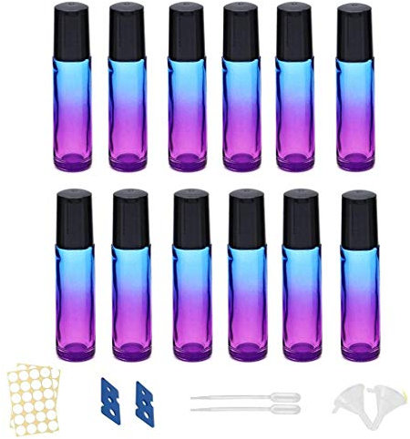 12PCS 10 ml Ätherische Öle Roller Flaschen,Farbverlauf Roller Flaschen Glas Roll-on-Flaschen mit Trichter/Öffner/Etiketten,für ätherische Öle Massage Parfüm Flaschen