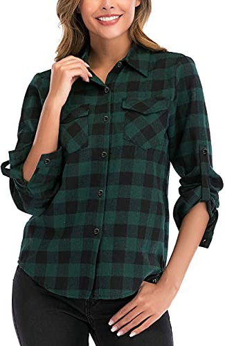 Enjoyoself Damen Karierte Bluse Langarm Karo Flanell Hemden Baumwolle Button-down Holzfäller Hemdbluse für Alltag und Oktoberfest