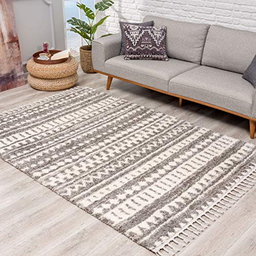Teppich Hochflor Wohnzimmer - Ethno-Design 80x300 cm Grau Creme - Teppich-Läufer mit Fransen