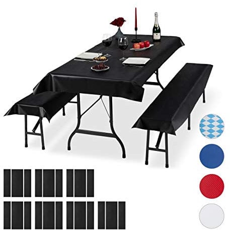 Relaxdays 24 x Bierzeltgarnitur Auflage, 8 Biertisch Tischdecken 250x100cm, 16 Bierbankauflagen 250x55cm, abwaschbar, schwarz