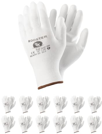 TK Gloves ROOSTER/Schutzhandschuh aus Polyester, beschichtet mit Polyurethan/Größe 08, 12 Paar/Weiß/Montagehandschuhe/Handschuhe Arbeitshandschuhe