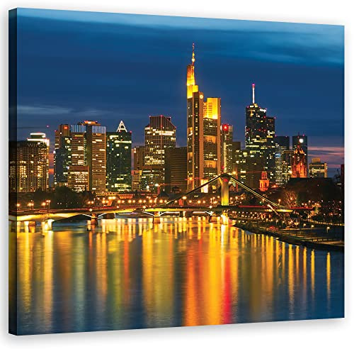 Feeby Vlies Leinwandbild Wolkenkratzer Skyline Frankfurt am Main 60x60 cm Druckbild Wandbild Wanddekoration Deko Wand Aesthetic Deutschland Stadtbild Nacht Orange