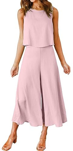 FANCYINN Donna 2 Pezzi Outfits Canotta Lunga di Base Camicia Pantaloni Lunghi a Vita Alta Tute Rosa Viola L