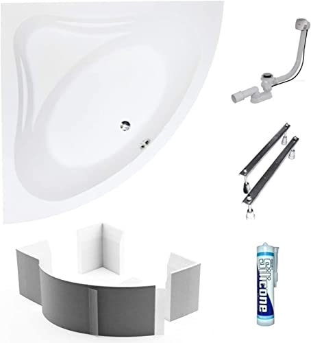 ECOLAM Baignoire d'angle acrylique symétrique Mia 130x130 cm, support de baignoire, siphon, silicone, Belle forme Aspect moderne