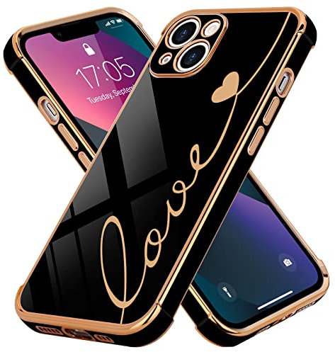 LCHULLE Compatible with iPhone 13 Case for Women Girls,Cute Luxury Plating Love Heart Design Soft TPU Cover Shockproof Full Camera Lens Protection Phone Case for iPhone 13 6.1 inch,Black
