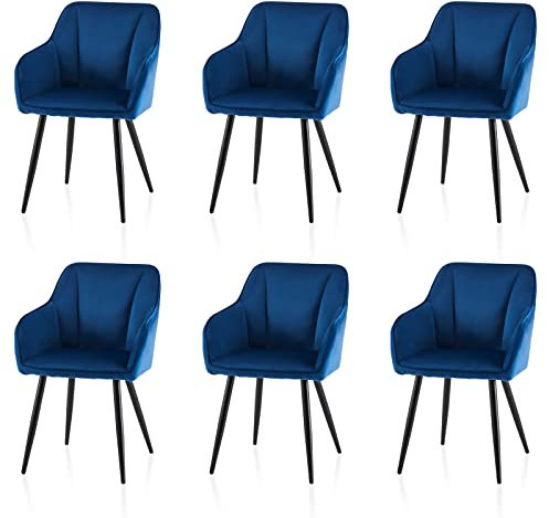 TUKAILAI Esszimmerstühle 6er Set aus Samt,Küchenstuhl Polsterstuhl Armlehnstuhl mit Armlehnen,Rückenlehnen,weiche Sitzpolster,Metallbeinen,Modern Sessel für Küche Esszimmer Wohnzimmer,Blau