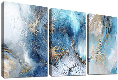 3 Pcs Mit Rahmen Goldblauer Ozean Leinwand Bilder Abstrakte Krachende Wellen Bild auf Leinwand Malerei Poster Wandbilder Wohnzimmer Schlafzimmer Badezimmer Korridor Wanddeko 90x40cm (12x16x3pcs)
