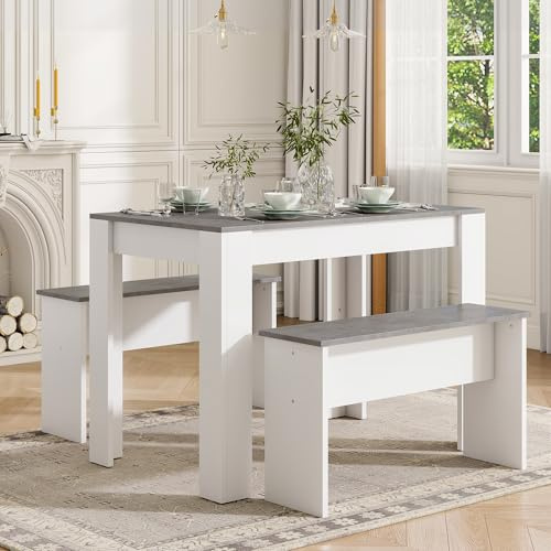 Merax Dining Table with 2 benches Dining Table Set for Kitchen, Dining Room, Small Space Artificial Marble（Grey and White）